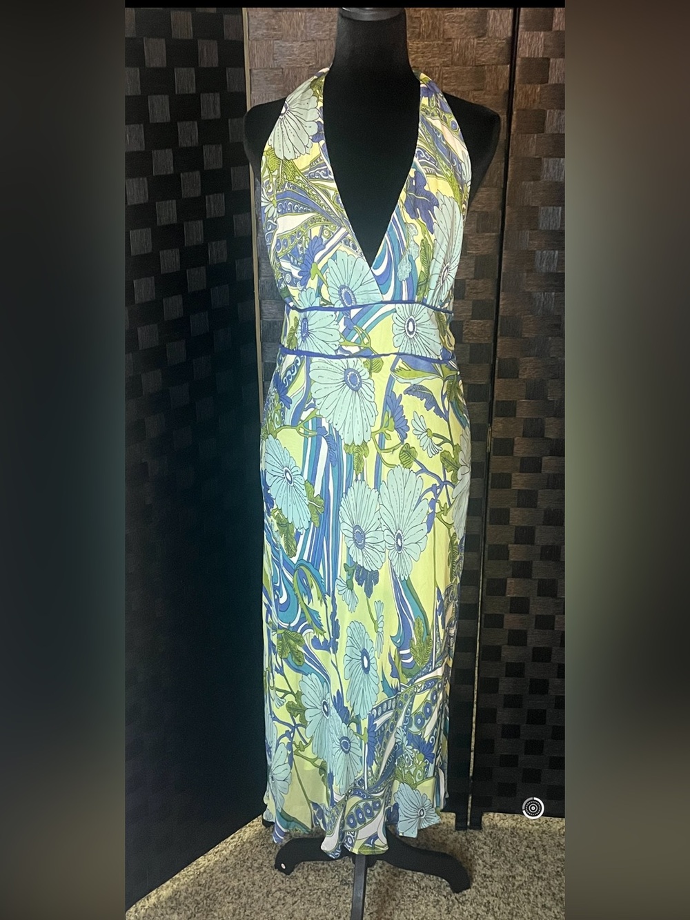 Floral Halter Midi Dress in Blue & Lime